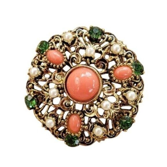 Vintage Signed Lisner Brass Gold Tone Coral Pearl Green Brooch 3D Layered Dome - Picture 1 of 9